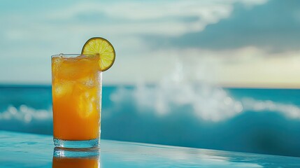 A vibrant tropical drink garnished with a lime slice, placed on a terrace table with a stunning beach view and vertical waves crashing below. -