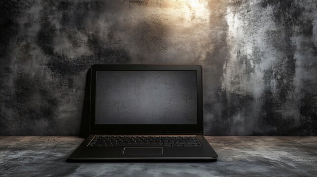 Black laptop showing blank screen on desk against grunge wall with dramatic light