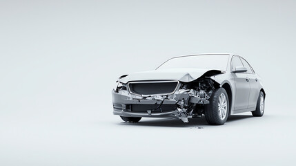 Front View of a Damaged Car with Detached Bumper on Minimalist Background