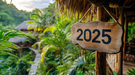 Eco resort in the rainforest with 2025 displayed on a natural wooden sign symbolizing eco-tourism