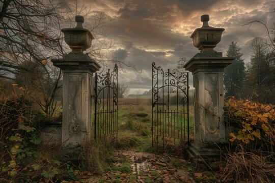 Open wrought iron gate between stone pillars leading to a mysterious field at sunset, creating a captivating autumn scene