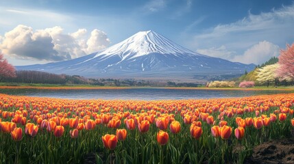 Mount Fuji and a Field of Tulips