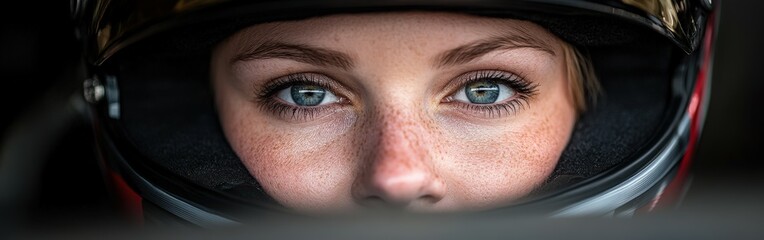 Close-up of a female racer focused before a race in a racing helmet