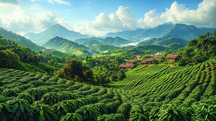 Lush green coffee plantation with mountains and clouds in the background.