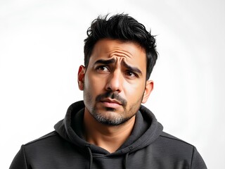 Obraz premium Latino man worry in white background, facial expression