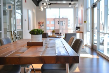 Modern workspace featuring a wooden table and potted plant in a bright open office environment