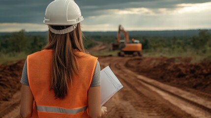 Construction worker overseeing excavation site during overcast afternoon