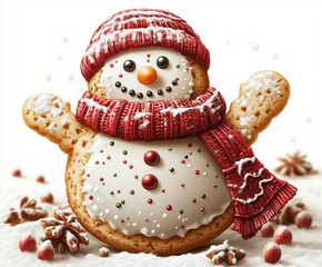 Fototapeta premium A cheerful snowman-shaped sugar cookie decorated with detailed holiday-themed icing. 