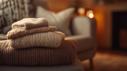 Cozy home atmosphere with warm knitted blankets and cushions