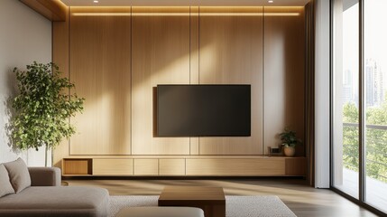 Retro Living Room Interior with Vintage Wooden TV Cabinet and Green Plant