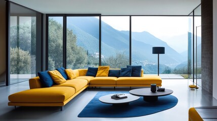 Modern living room with bright yellow sofa and stunning mountain view.