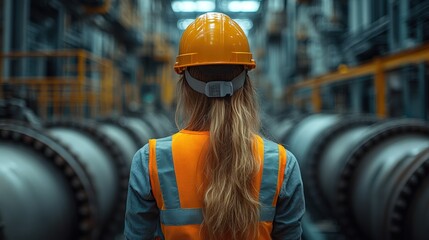 A female engineer wearing a hard hat and safety vest inspects a large industrial factory 