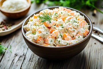 A bowl of creamy cauliflower salad. Perfect for showcasing a healthy and delicious meal.