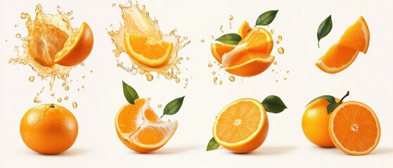 Collection of fresh juicy orange fruit with splashing juice isolated on white background.