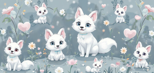  Seamless pattern of white fox pups with hearts and flowers on a soft blue background