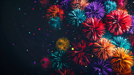 Fototapeta premium Fireworks happy new year 2025 Many colorful colors stacked on a black background in the middle