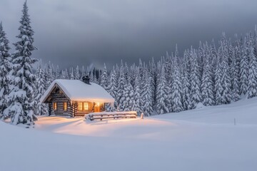 Illuminated Log Cabin in a Snowy Forest at Dusk
