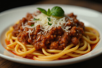 Italian pasta bolognese with cheese on a plate close-up