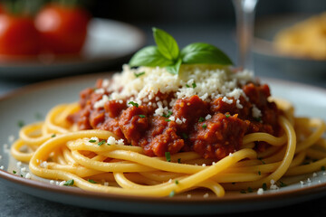 Italian pasta bolognese with cheese on a plate close-up