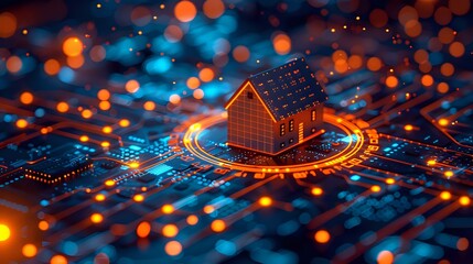 futuristic digital representation of a house surrounded by glowing circuits and vibrant technology-inspired elements, symbolizing smart homes and innovation. Perfect for technology and real estate