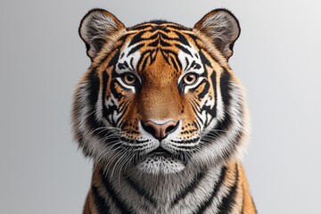 Obraz premium Majestic tiger portrait with intense gaze against a soft gray background