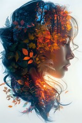 Fototapeta premium stunning double exposure portrait of a woman’s profile blended with vibrant autumn leaves and a serene forest, symbolizing harmony, transformation, and the beauty of nature. 