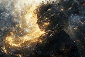 Obraz premium surreal portrait of a person enveloped in swirling cosmic light and dark ethereal clouds, symbolizing imagination, creativity, and the mysteries of the universe
