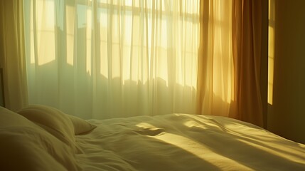 Fototapeta premium Cozy sunlit bedroom in morning light with soft curtains