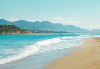 Fototapeta premium Calm Waves on a Sandy Beach in Summer Sunshine