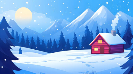 Fototapeta premium A cozy red cabin with smoke rising from the chimney sits in a snowy winter landscape with a mountain range in the background.