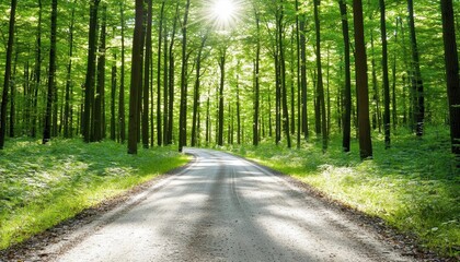A serene forest path illuminated by sunlight, surrounded by vibrant green trees and lush foliage, inviting exploration and tranquility.