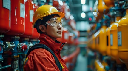 Fototapeta premium An industrial worker in a red uniform and yellow hard hat inspecting safety systems and machinery in a brightly lit factory. Perfect for industrial, safety, and engineering themes.
