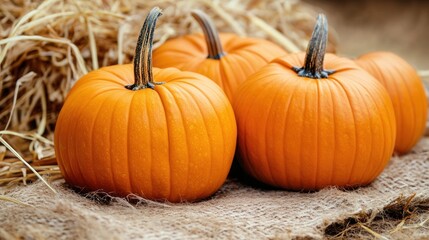 Autumn pumpkins on rustic burlap straw background