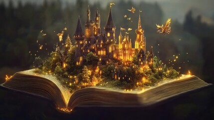 Open book with glowing, floating pages transforming into a magical world of forests, castles, and mythical beings, filling the scene with fantasy.