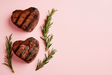 Zwei gegrillte Steaks in Herzform dekoriert mit Rosmarin Zweigen auf rosa Hintergrund mit Platz für Text, für Valentinstag und Steak Liebhaber