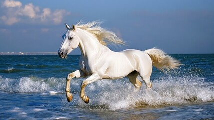 Obraz premium Majestic White Horse Galloping on the Beach at Sunset
