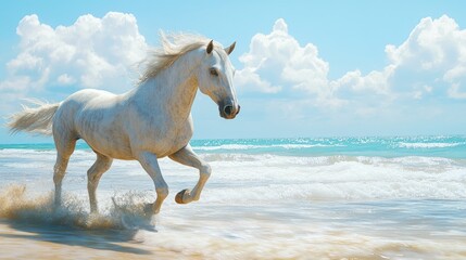 Obraz premium Majestic white horse galloping on the shore under the sunset sky