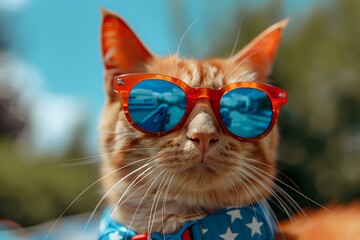 Naklejka premium A stylish ginger cat wearing red sunglasses with reflective blue lenses and a star-patterned bandana, set outdoors under a bright sky. Perfect for summer or patriotic themes.