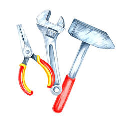 A hammer, pliers with yellow and red handles , and an adjustable wrench clipart. Hand-painted watercolor illustration for handyman merchandise, instructional design, or DIY-themed packaging labels