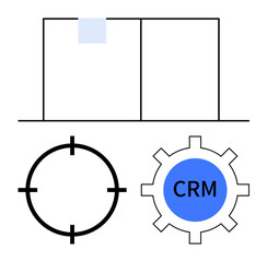 Bar chart with one highlighted bar, target focus circle, and CRM cogwheel. Ideal for marketing strategies, sales focus, performance tracking, customer relations, business goals, data analysis team