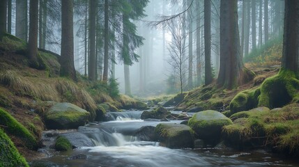 Obraz premium River Flowing Through Forest in Calm Moody Nature Green Autumn Wallpaper Generative AI