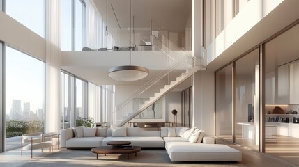 Fototapeta premium Modern living room with large windows and elegant interior design.