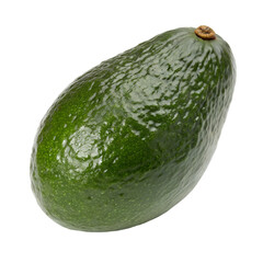 Whole ripe avocado, isolated on white background, fresh and glossy skin, healthy fruit.