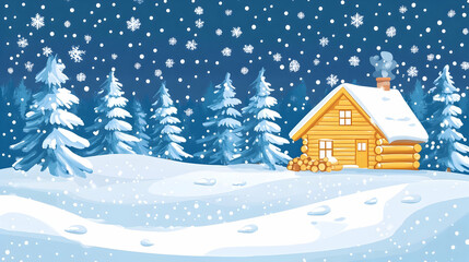 Fototapeta premium A cozy wooden cabin in the snowy forest with falling snow and a trail leading to it.