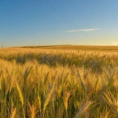 Obraz premium Golden Fields of Wheat Swaying Gently in the Wind, Stretched Across a Vast Plain Under a Brilliant Blue Sky, With the Warm Sun Casting a Soft Glow Over the Horizon