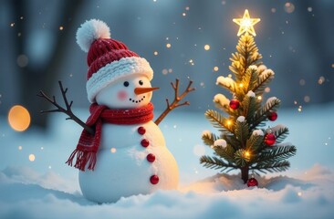 happy snowman in a Santa Claus hat and a green scarf is isolated on a white background