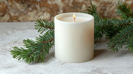 A simple white candle surrounded by pine branches, evoking a cozy, festive atmosphere, ideal for winter decor or holiday celebrations.