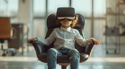 Young boy wearing virtual reality headset sitting in comfortable leather armchair, experiencing immersive gaming or educational content in modern home setting with natural lighting.