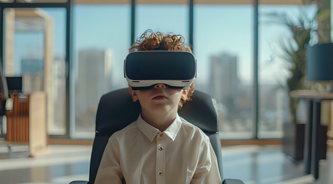Young Asian male professional wearing virtual reality headset in modern office space with city view, experiencing immersive technology during workday in natural lighting atmosphere.
