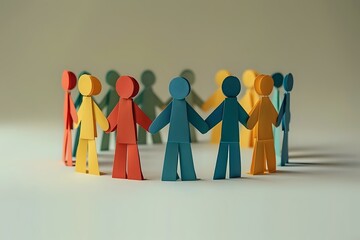Colorful paper chain people holding hands in circle formation symbolizing unity, teamwork and community support on neutral background perfect for business presentations.